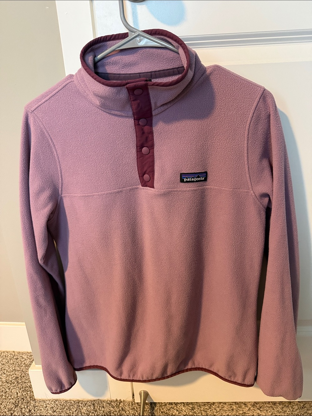 Patagonia Women’s Snap-Front Fleece in Dusty Rose with Plum Trim
